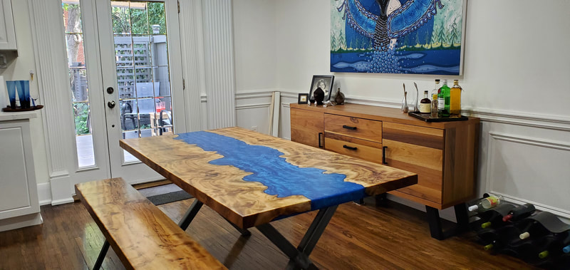 Custom Epoxy River Table with wood burl and steel legs in Downtown Toronto