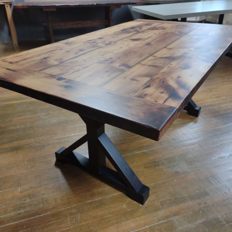 Harvest table with steel legs, reclaimed wood table with epoxy, reclaimed wood dining table, Where to buy a reclaimed wood dining table in Ontario,