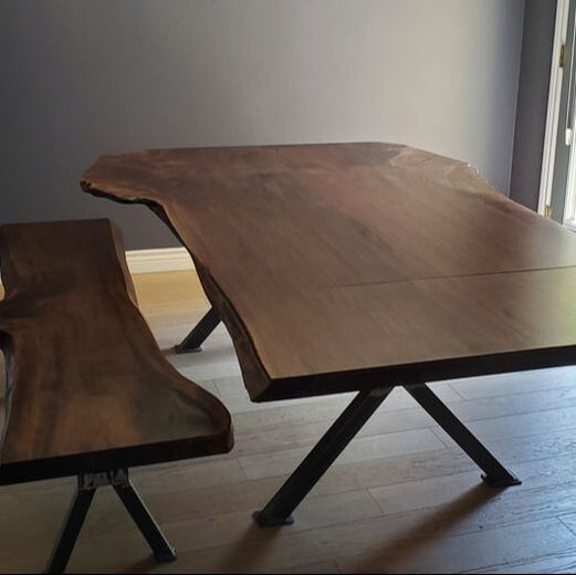 Live edge walnut table with wood X base, Black walnut live edge dining table, living edge table, solid wood table, solid wood dining table, natural edge table, Live edge table with steel legs, Dining table with steel legs